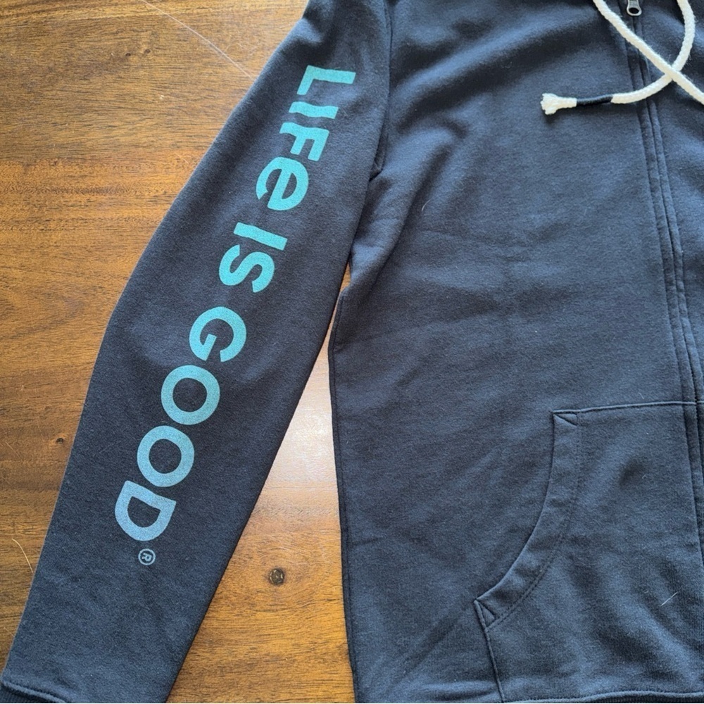 Life is Good Black Full Zip Hoodie Sweater womens Small teal logo sleeve - Picture 6 of 9